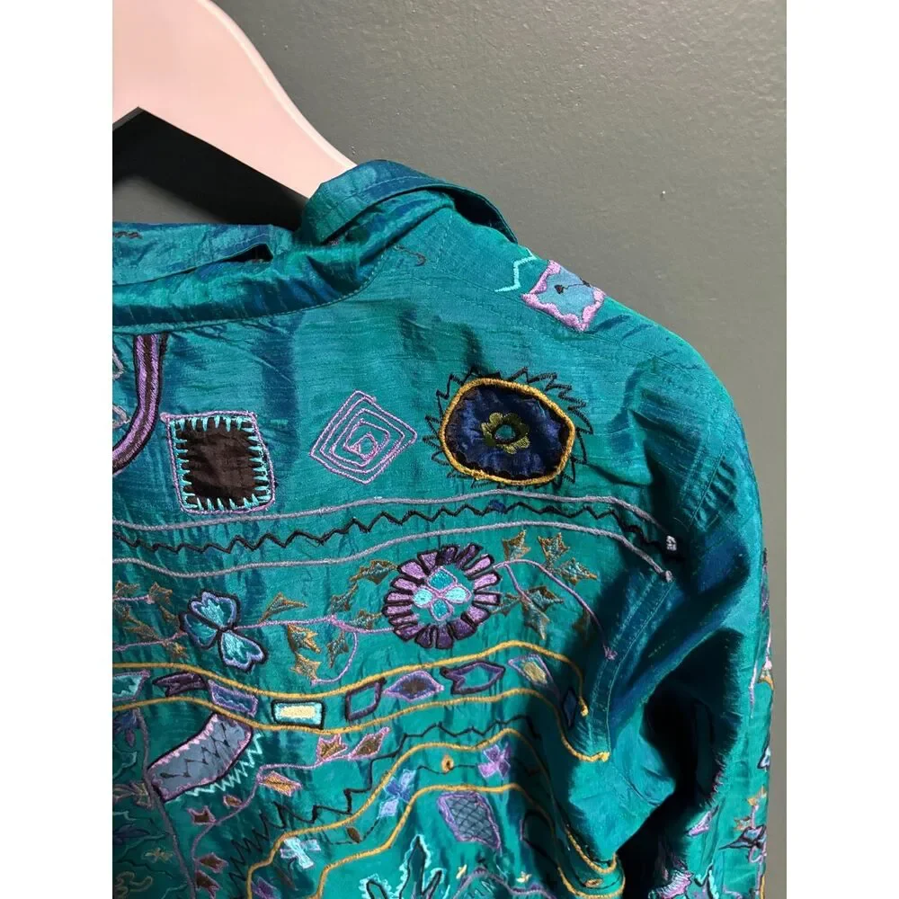 Vintage Chico's Jacket Womens Size 1 Medium Turquoise Embroidered Silk